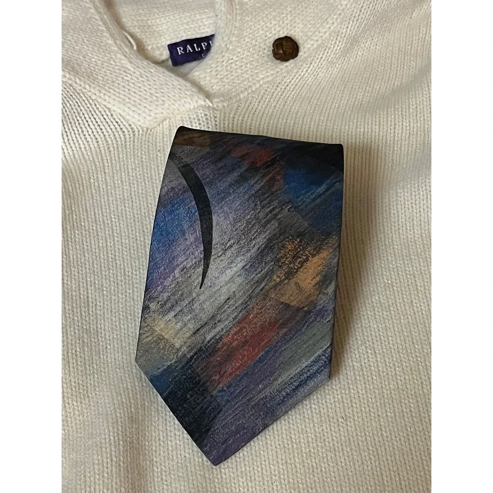 Abstract Art Silk Tie Italian Hand Made Men's Necktie Blue Multi Color‎
